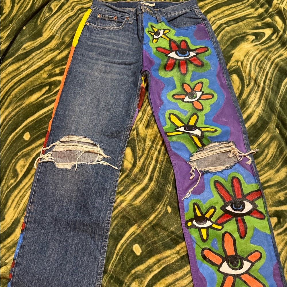 Hand painted trippy flower eyed Levi pants!!!